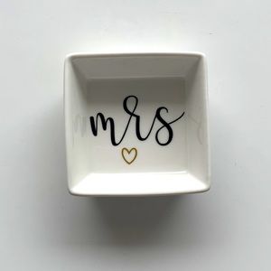 Mrs. Ring Dish, white with black letters, engagement/wedding gift